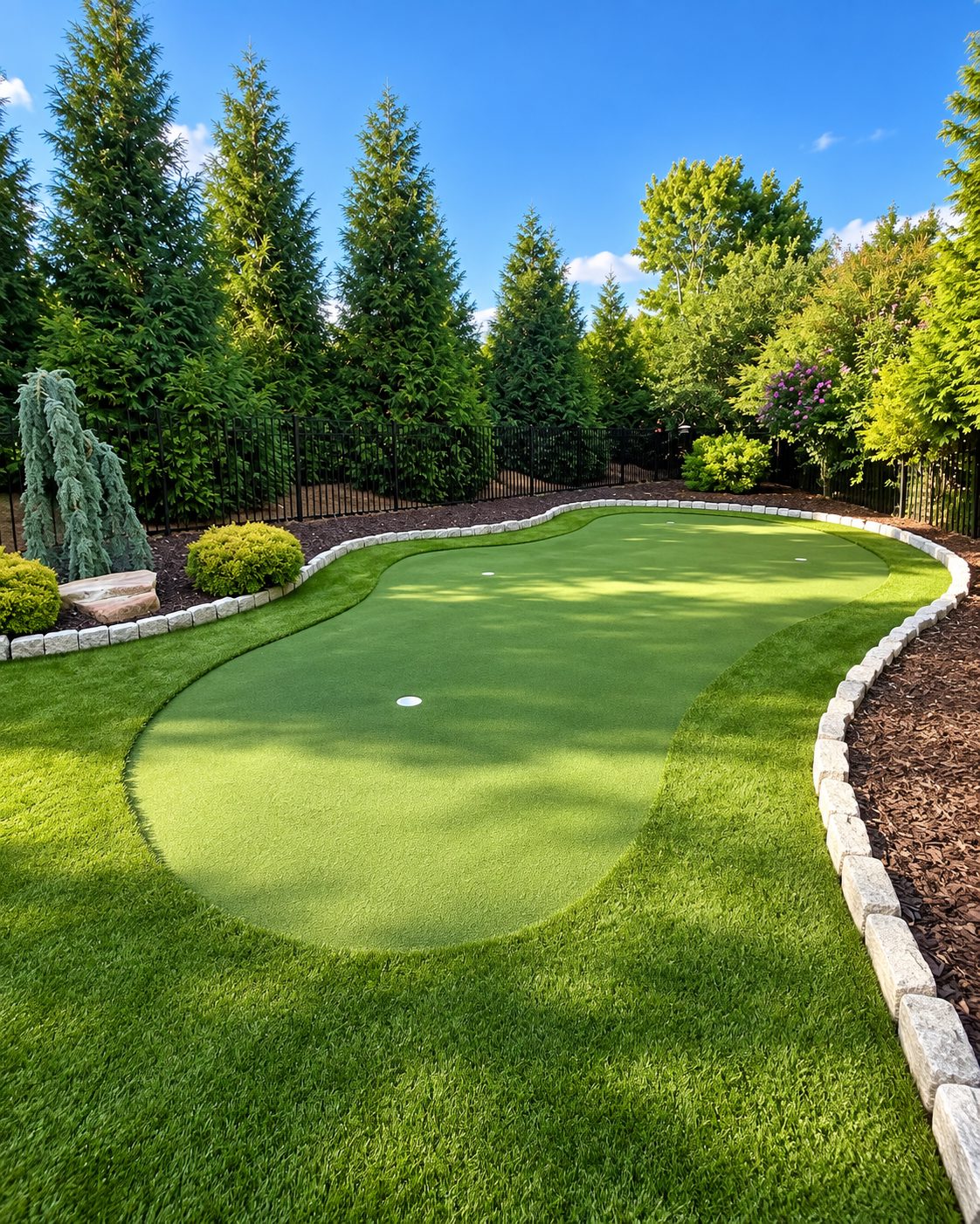 Custom backyard putting green with synthetic turf surround and stone border